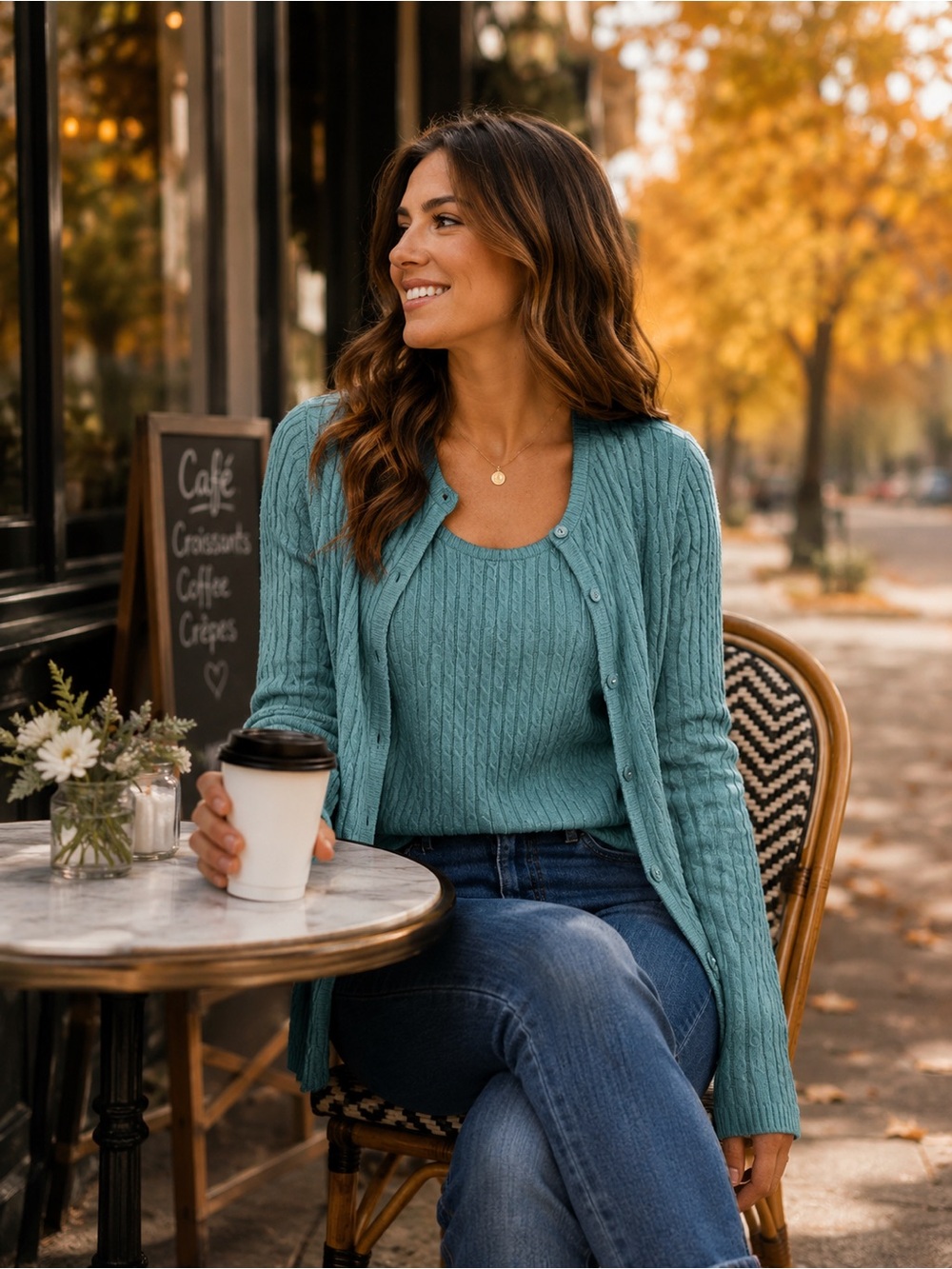 Kate Hill Ocean blue Cable Knit Crewneck & button Cardigan Set